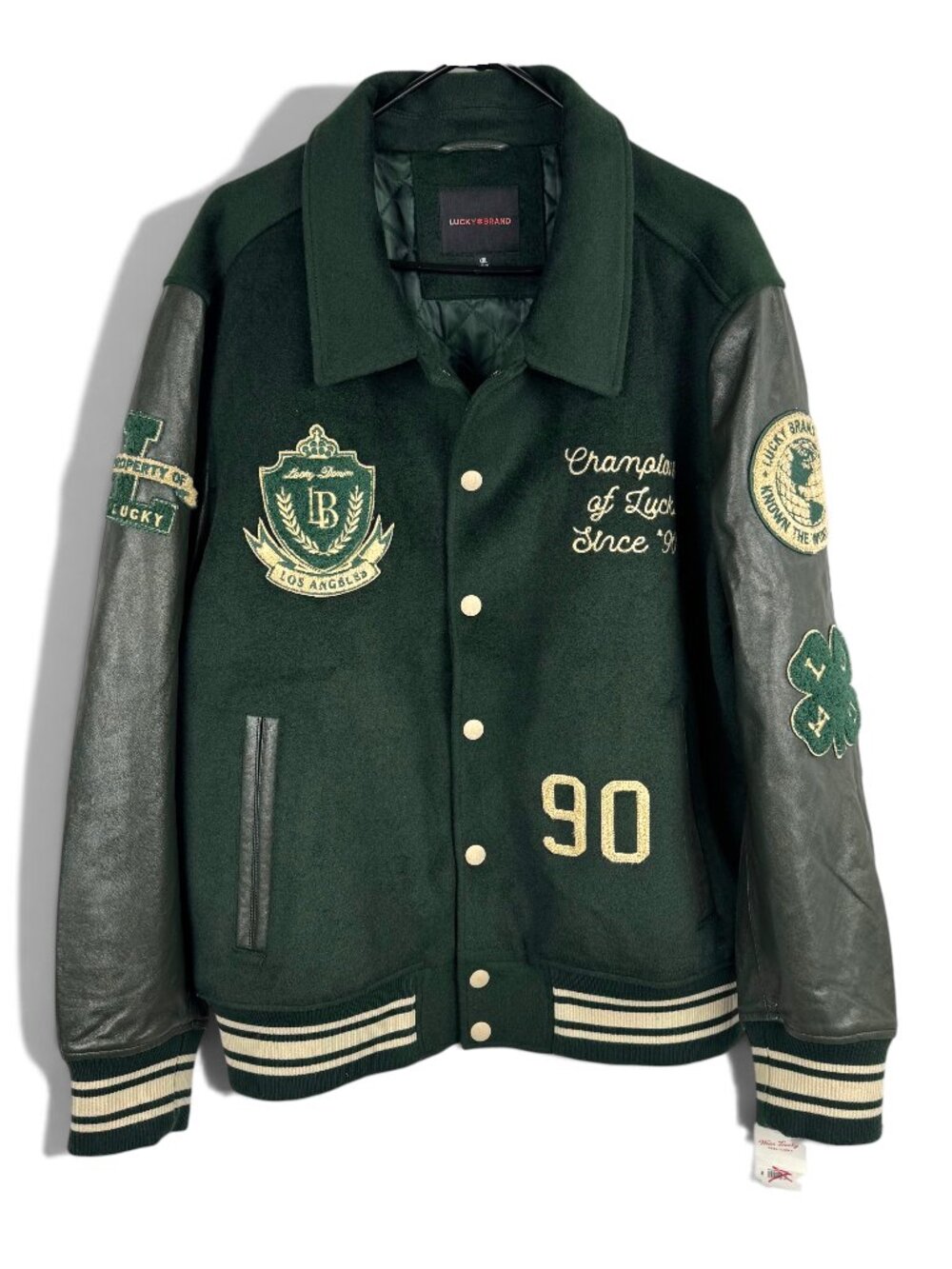 Lucky Brand Varsity Jacket 2XL Green Wool Leather Chenille Patch